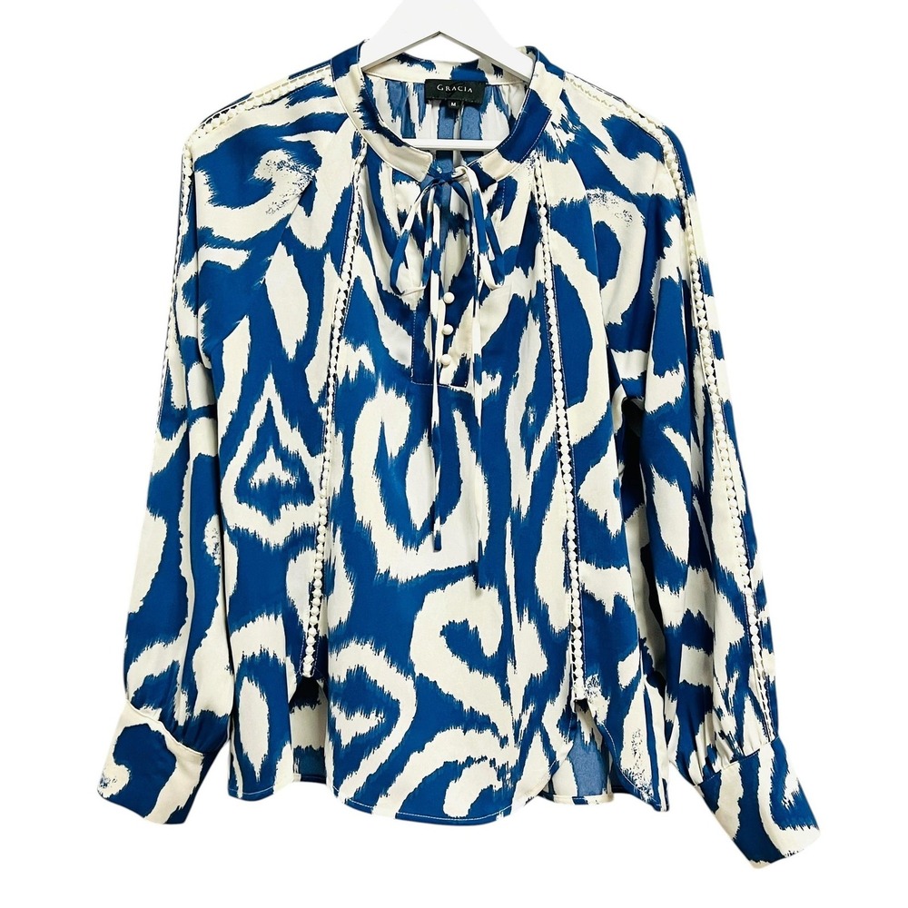 Gracia Blouse Womens Medium Blue White Ikat Print High Neck Tie Puff Sleeve
